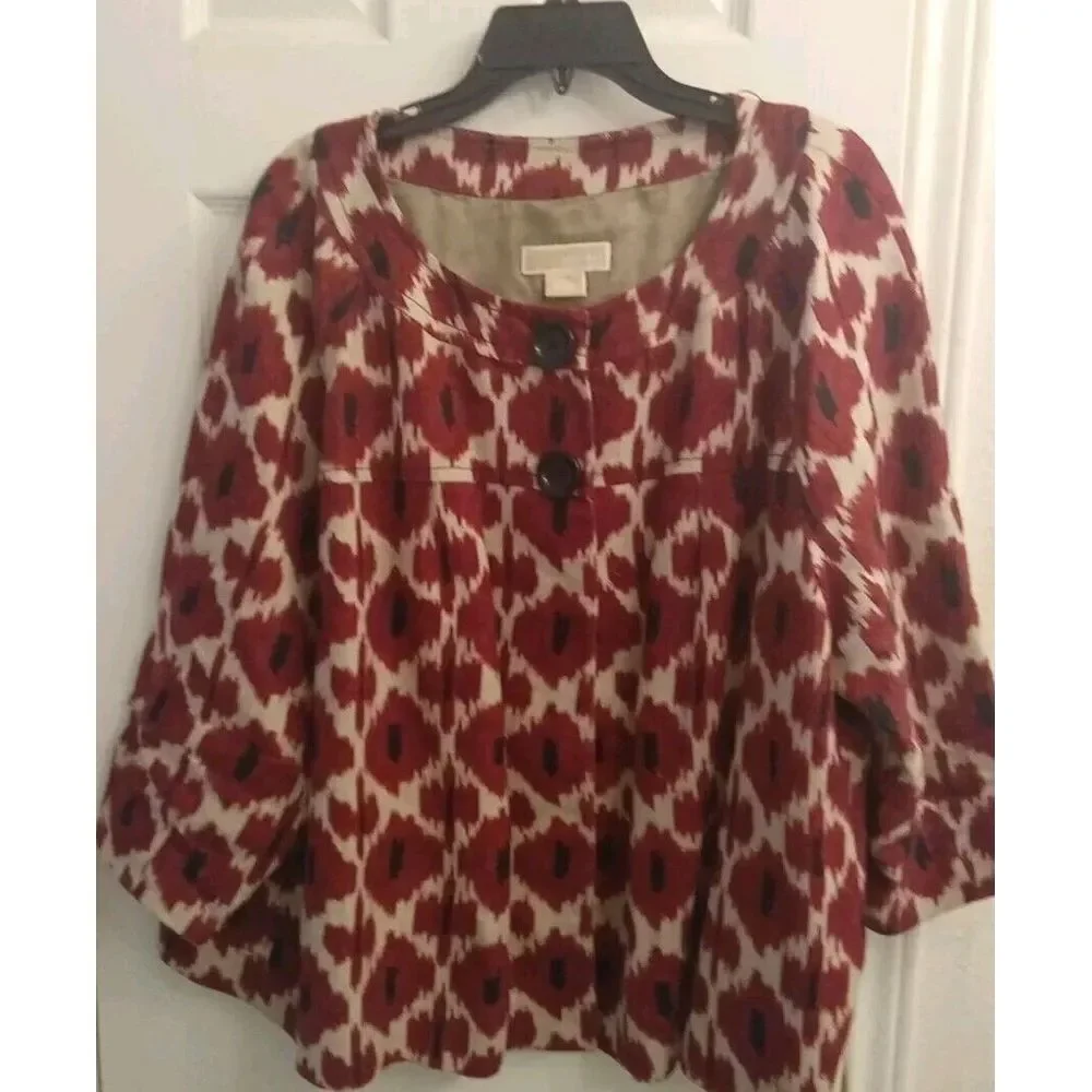 MICHAEL Michael Kors Topper Jacket 3/4 Sleeve Button Front Red Print Plus